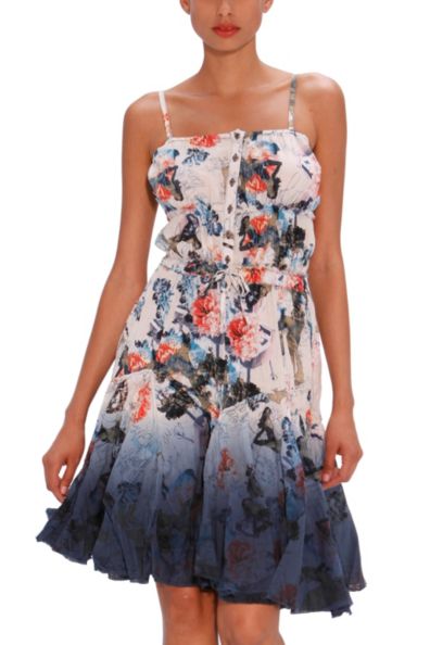 vestido desigual estampado floral y abstracto
